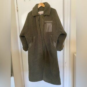 DKNY Olive Green Teddy Long Coat – Cozy Textured Plush Jacket